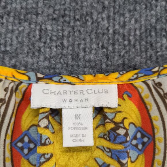 Charter Club Women's Tunic Top Blouse Multi Plus Size 1X Geometric Tie Neck - Picture 10 of 13